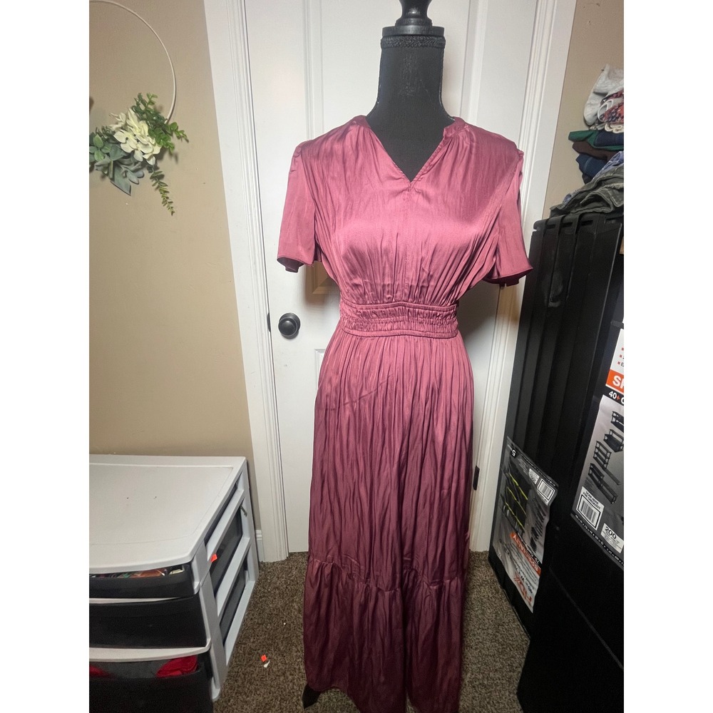 Down East Burgundy Satin V Neck Smocked‎ Waist Maxi Dress XS
